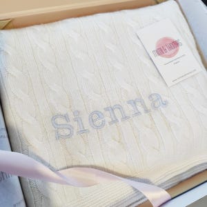 Personalised 100% Cashmere Cable Knit Baby Blanket Gift Boxed