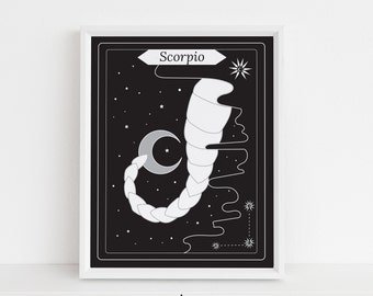 May include: Black and white illustration of the Scorpio zodiac sign, featuring a scorpion with a curled tail and a crescent moon. The illustration is set against a black background with white stars.