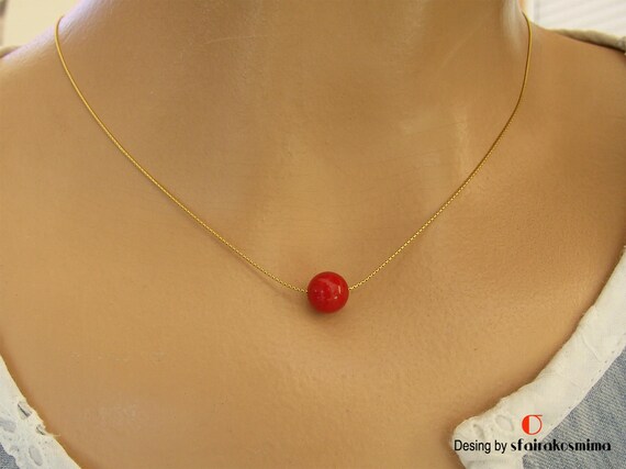 Single Red Coral Necklace Gold Chain 