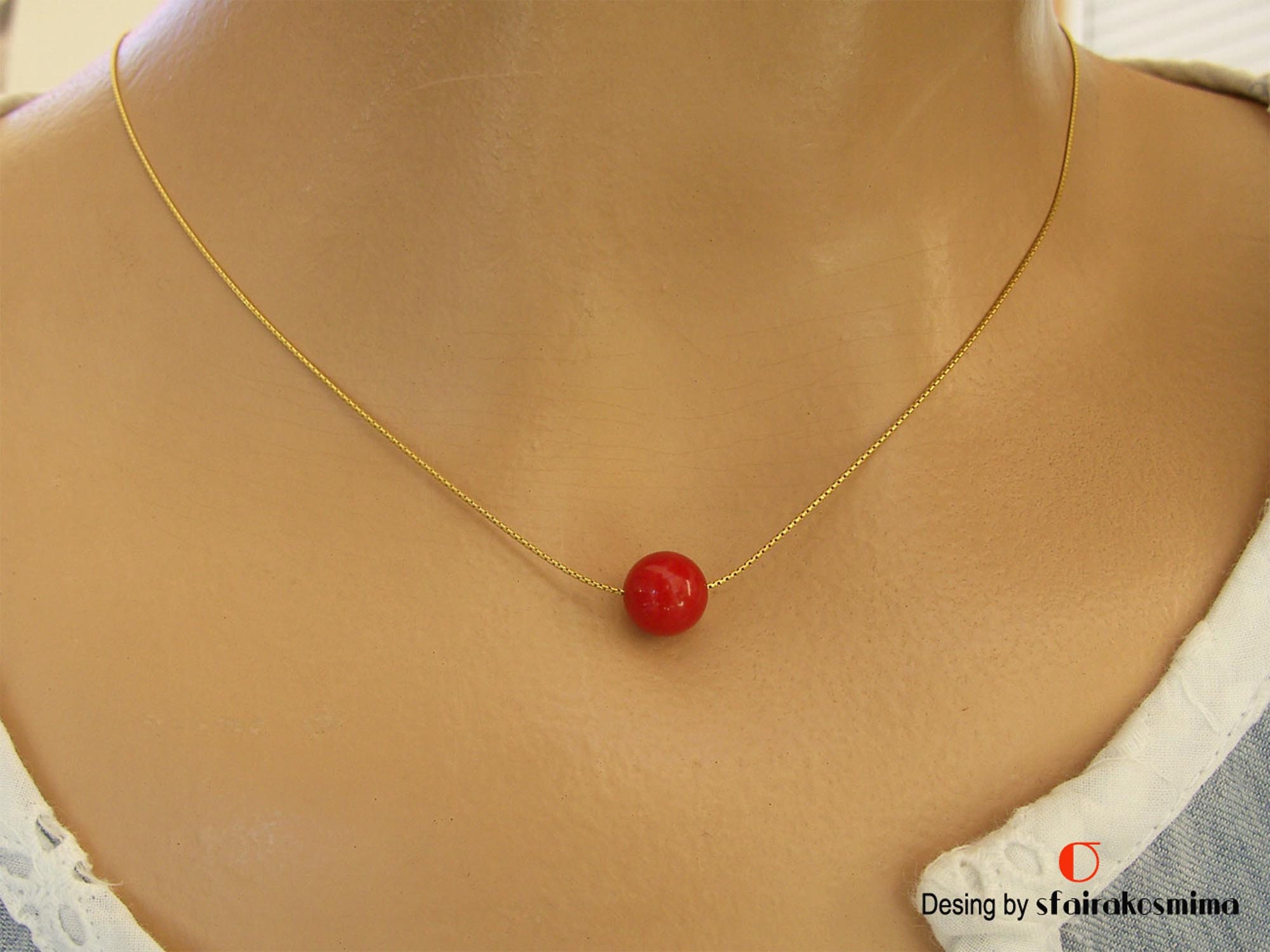 Single Red Coral Necklace Gold Chain 