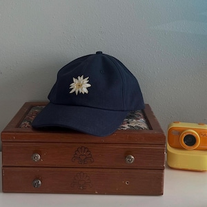 BEST SELLER! Edelweiss Floral German Scandinavian Dad hat baseball cap,  Trendy Fashion, Cozy Cotton Custom Designed Gifts for Her Navy Blue