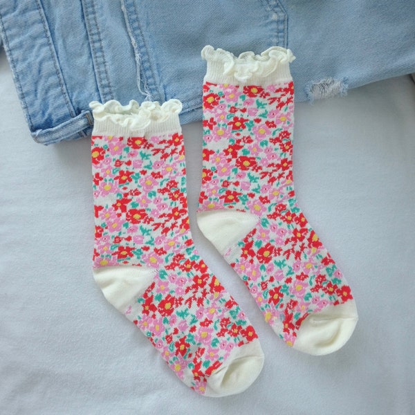 Best Seller! Summer Spring Cotton Floral Socks - Fashion, Red, Green, Pink Flower Socks, Checkered Gift for Her Cozy Trendy. Women's Socks