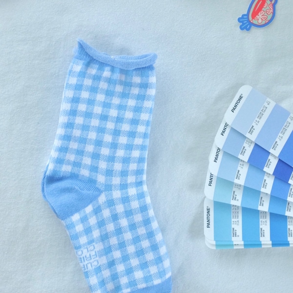 Summer Spring Cotton Socks - Fashion, Blue Gingham Socks. Checkered Gift for Her, Cozy, Trendy, Womans, Womens Socks. Ruffle Socks