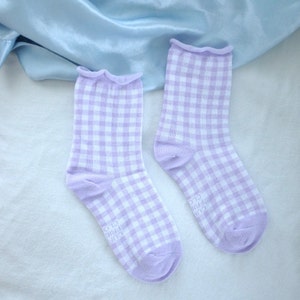 Best Seller! Summer Spring Cotton Socks - Fashion, Lavender Purple Gingham, Checkered Gift for Her Cozy Trendy, Street Fashion, Street Wear