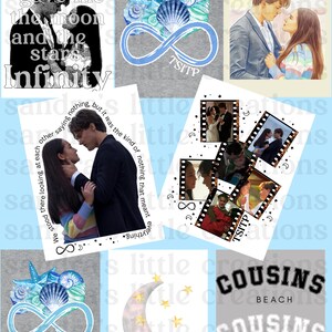 May include: A collection of digital art prints featuring romantic themes. The images include couples, infinity symbols, seashells, and text such as "Infinity" and "Cousins Beach". The color palette includes blues, grays, and whites.