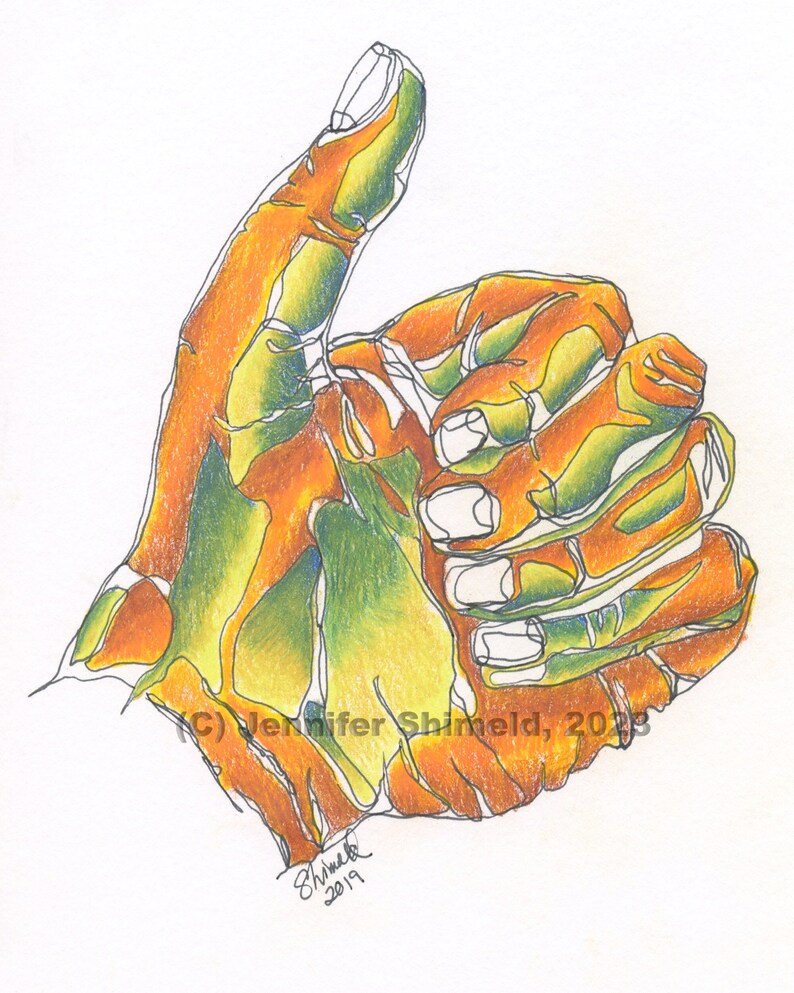 Thumbs up Hand Gesture Pen and Ink Blind Contour Colored Etsy