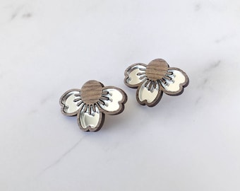 Earrings "Petals" wood and silver mirror perspex