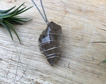 Raw Smoky Quartz Necklace: Wire Wrapped Healing Crystal Pendant