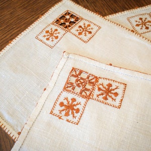 Hand-Made Vintage Handkerchiefs/Napkins Set of 3 - White Linen + Mustard Embroidery & Pulled Thread Details, Christmas Winter Snowflake