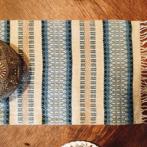 Vintage Table Runner Beige and Blue, Thickly Woven in Wool with Blue Nordic Patterned Stripes and Large Tassels