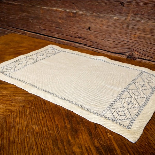 Small White Placemat/Tablemat/Table Runner/Doily with Grey/Blue Nordic Stitched Detail - Handmade