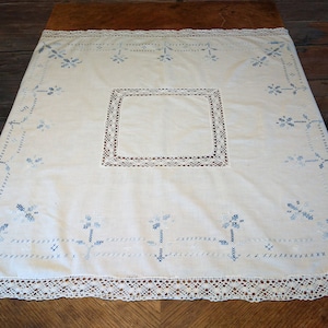 Scandinavian Tablecloth, Handmade/Vintage/Swedish - Small White Square with Lace Edges & Blue Embroidery Traditional Table Cover Home Decor