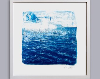 Cyanotype Seascape Print: Ocean Blue Art, Framed