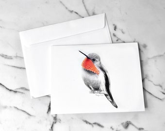 Tarjeta con dibujo de colibrí, pájaro garganta rubí, interior en blanco