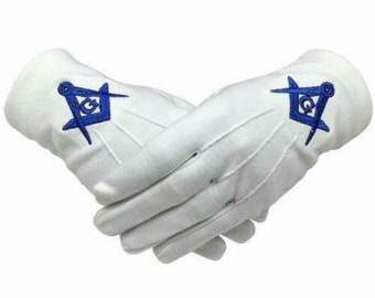 White 100% Soft Cotton Masonic Gloves with Royal Blue Sq & Compass 