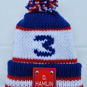 May include: Blue and white knitted beanie with a red pom pom and a red patch that says "D. HAMLIN".