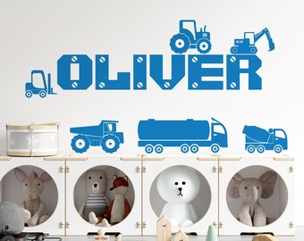 WD101012 | Personalised Name Boys Wall Art Sticker - Lorry, Trucks, Tractor, Digger, Builder Cars