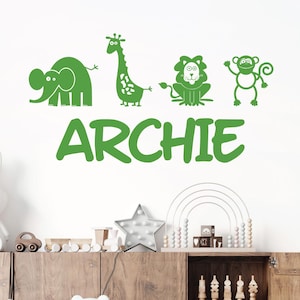 WD101030 | Personalised Name Children Wall Art Sticker - Cartoon Africa Safari Zoo - Giraffe, Monkey, Lion, Elephant
