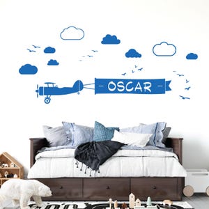 WD101068 | Personalised Name Children Wall Art Sticker - Airplane with Ribbon Flying through the Cloudy Sky, Birds
