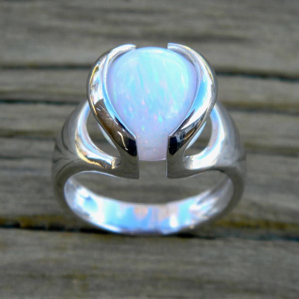 Interchangeable ring (.925 sterling silver) with 12mm syn. Fire & Snow (white) opal