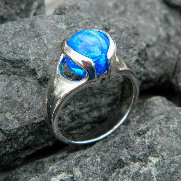 Interchangeable ring (.925 sterling silver) with 10mm syn. blue opal