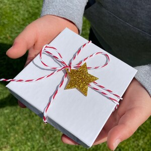 May include: A white gift box tied with red and white baker's twine and a gold glitter star.