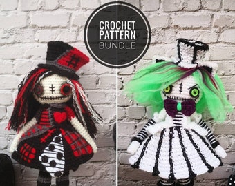 AMIGURUMI PATTERN BUNDLE Goth Girls, Patchwork dolls, crochet cat, Grunge art dolls, Steampunk dolls, creepy dolls, scary dolls