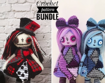 AMIGURUMI PATTERN BUNDLE Goth Girls, Patchwork dolls, crochet doll, Grunge art dolls, scarecrow doll, creepy dolls, scary art doll, rag doll