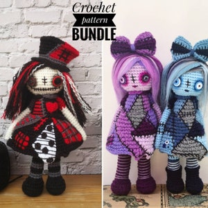 May include: Crochet pattern bundle for making three rag dolls. The dolls are dressed in colorful patchwork dresses and have stitched-on eyes and mouths. The dolls have black yarn hair and are wearing black shoes. The text "Crochet pattern BUNDLE" is at the top of the image.