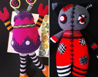 SALE 2 Crochet Patterns Space Alien Crab, Large Cat, Amigurumi Cat pattern, zombie doll pattern, crochet halloween, weird doll,