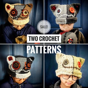 May include: Four images showcasing handmade crochet hats with a patchwork design. The hats feature button and stitch details, with a cat-like ear shape. The text "SALE!" and "TWO CROCHET PATTERNS" are also visible.
