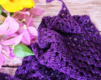 Purple crocheted bandana, crochet kerchief, crochet triangle headband, boho kerchief, vintage style bandana, head scarf, summer hair