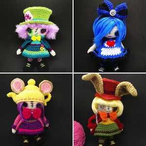 May include: Four crocheted dolls with different outfits and hairstyles. The dolls are wearing a variety of colors, including blue, red, green, yellow, and purple. The dolls are all handmade and have unique details.