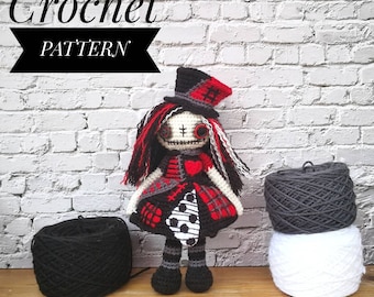 CROCHET PATTERN girl, Goth doll amigurumi pattern, patchwork crochet doll pattern, scary doll crochet pattern, Winnifrida the Weird pattern