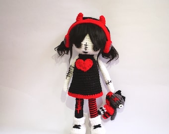CROCHET PATTERN Goth doll amigurumi pattern, halloween crochet doll pattern, scary doll crochet pattern, zombie doll, grunge doll, punk doll