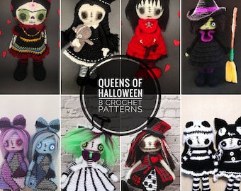 Könnte beinhalten: Acht Häkelanleitungen für gruselige Halloween-Puppen. Die Puppen sind in verschiedenen Kostümen gekleidet, darunter eine Hexe, ein Skelett, ein Vampir und eine Day-of-the-Dead-Puppe. Die Anleitungen sind zum Kauf erhältlich.
