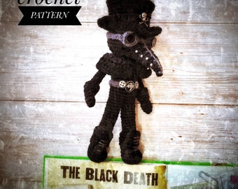 CROCHET PATTERN Black Plague Doctor, gothic amigurumi doll, Halloween amigurumi pattern, Black Death mask crochet doll, death crochet doll