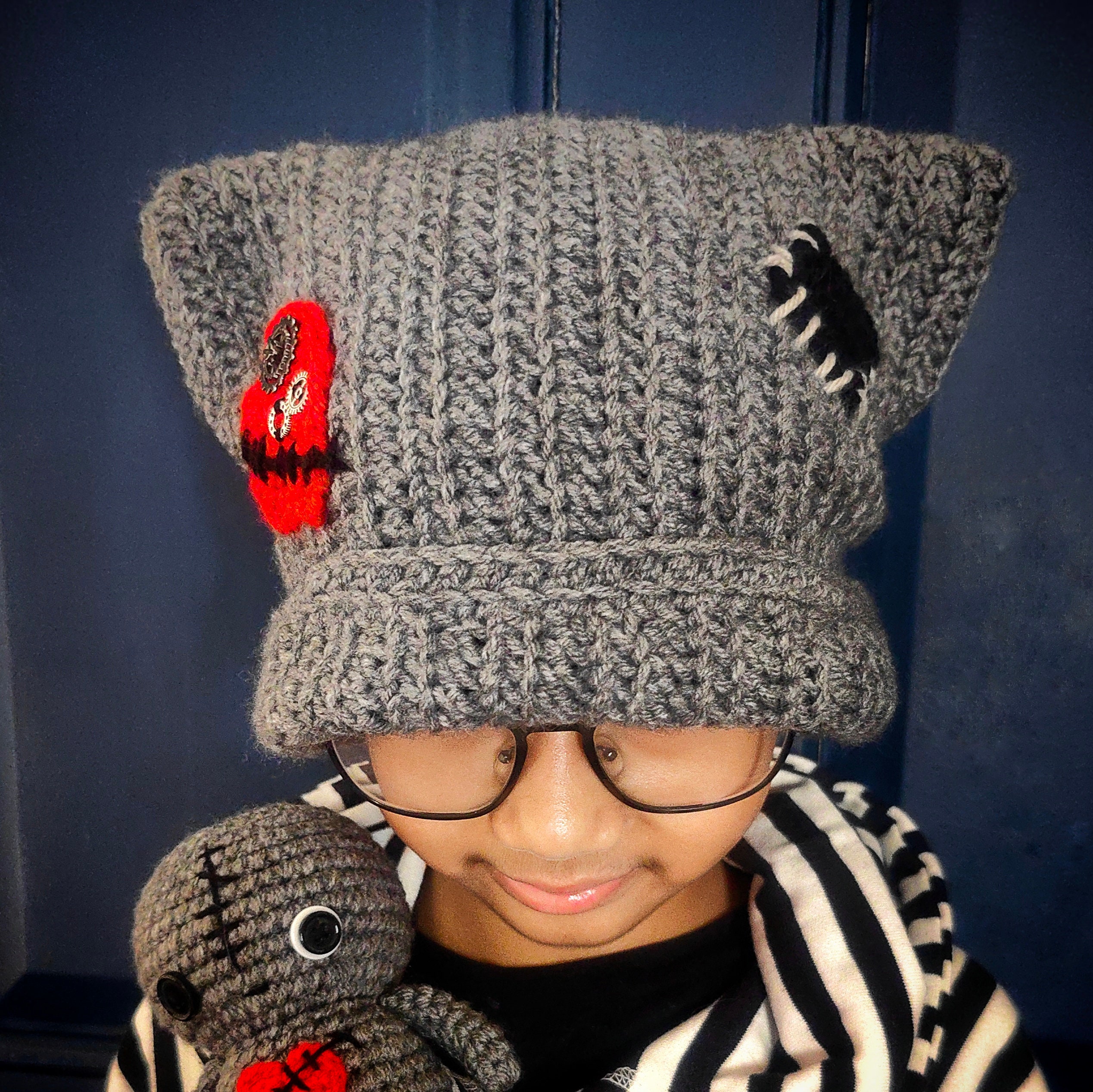 Katzenohren-Beanie, gestreifte Häkelmütze, Katze, Beanie, Teufel, Streifen, gestrickte Beanie-Mütze, Feen-Grunge-Kopfbedeckung, Zubehör für Frauen, Schwarz, Einheitsgröße