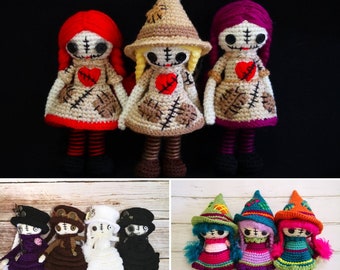 SALE 3 CROCHET Patterns in PDF Little Whimsical Witch, Steampunk goth amigurumi, Rag doll crochet, scarecrow crochet doll, Halloween crochet