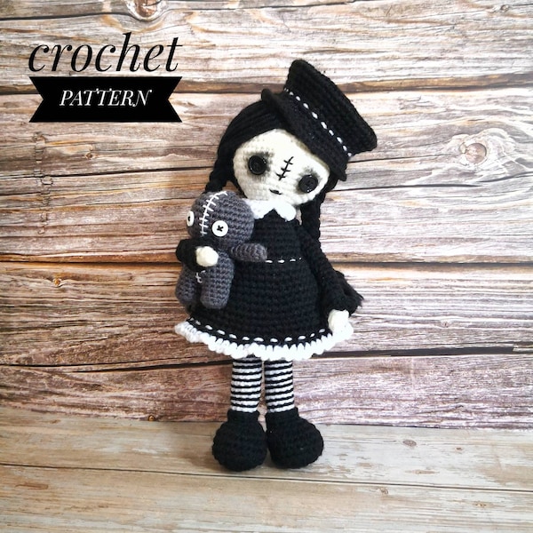 CROCHET PATTERN Spooky Sookie, gothic amigurumi doll, Halloween amigurumi pattern, whimsical creatures, goth dolls, voodoo doll, creepy girl