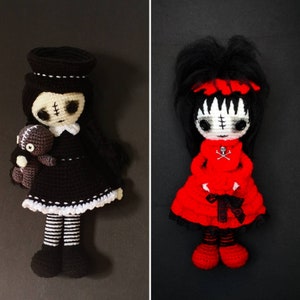 VENDA 2 padrões de crochê bonecos amigurumi Monster Goth, padrão amigurumi de Halloween, criaturas extravagantes, bonecos góticos, bonecos emo, garota assustadora