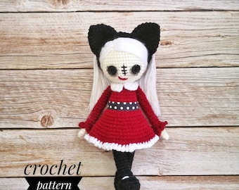 CROCHET PATTERN Halloween Cat Girl, amigurumi white goth doll, amigurumi cat girl, crochet grandma hair, Halloween crochet, Kawaii amigurumi