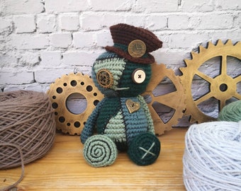 Crocheted Steampunk doll, Halloween amigurumi, creepy cute doll, goth doll, whimsical creature, scary doll, unique gifts, Halloween decor