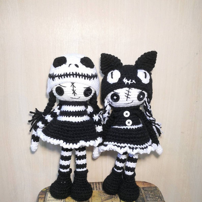 2-in-1 CROCHET PATTERN Halloween dolls, Creepy cute amigurumi goth doll, skull pattern, crochet cat, cute voodoo doll 