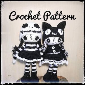 WZÓR NA SZYDEŁKO 2 w 1 Lalki na Halloween, Straszna i słodka lalka gotycka amigurumi, wzór czaszki, kotek szydełkowy, słodka lalka voodoo