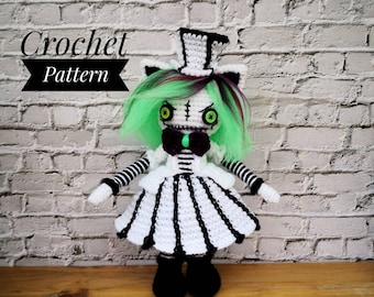 CROCHET PATTERN Crazy Cat, Goth doll amigurumi pattern, halloween crochet doll pattern, scary doll crochet pattern, zombie doll, cat pattern