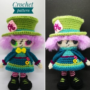 May include: A handmade crochet doll in the style of the Mad Hatter, featuring a green top hat with a pink embellishment, purple hair, and a teal and green dress. The doll has button eyes and a yellow bow tie. The text "Crochet pattern" is at the top.