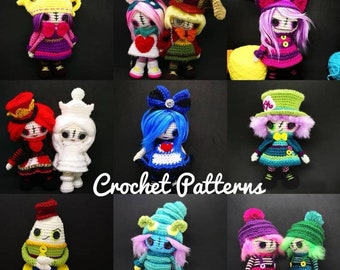 SALE 11 CROCHET PATTERNS, Alice in Wonderland, White Rabbit, Queen of Hearts, Mad hatter amigurumi, Cat Amigurumi,