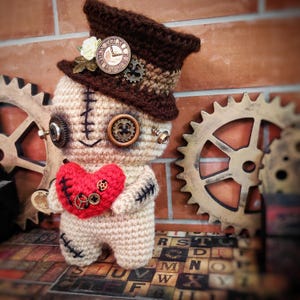 Crochet steampunk voodoo doll, Halloween amigurumi, creepy cute doll, goth doll, whimsical creature, scary doll, horror art doll, scary doll