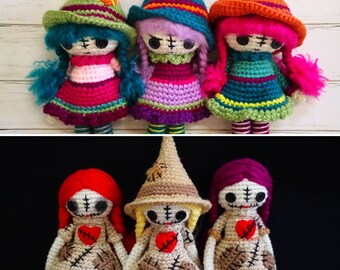 SALE 2 CROCHET Patterns in PDF Little Whimsical Witch, Little Voodoo Girls, Witch Amigurumi Pattern, Voodoo Ragdoll pattern, crochet witches